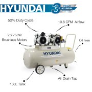 Hyundai HY275100 1500w 2HP 100 Litre Oil Free Silenced Electric Air Compressor -10.6 CFM