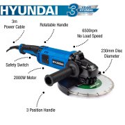 Hyundai HYAG2000E 230mm / 9" Disk Electric Angle Grinder - 2000W