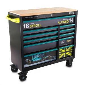 Aston Martin Aramco Formula One&reg; Team x JCB 42&rdquo; 11 Drawer Steel Roller Tool Cabinet with Hardwood Worktop