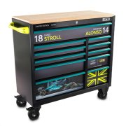 Aston Martin Aramco Formula One&reg; Team x JCB 42&rdquo; 11 Drawer Steel Roller Tool Cabinet with Hardwood Worktop