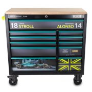 Aston Martin Aramco Formula One&reg; Team x JCB 42&rdquo; 11 Drawer Steel Roller Tool Cabinet with Hardwood Worktop