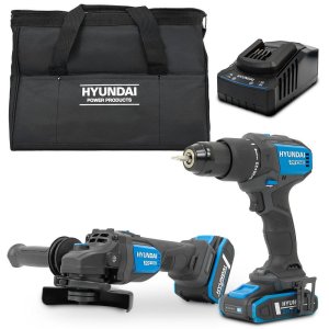 Hyundai S02-FTB - 20V Cordless Hammer Drill + Angle Grinder + 2Ah, 4Ah Batteries and Charger