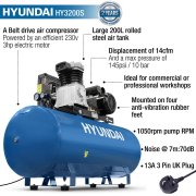 Hyundai HY3200S 200L 3hp "Pro Series" Electric Air Compressor