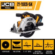 JCB 18V Cordless Circular Saw, 165mm / 6.5'', 5Ah Li-Ion Battery and 2.4A Charger