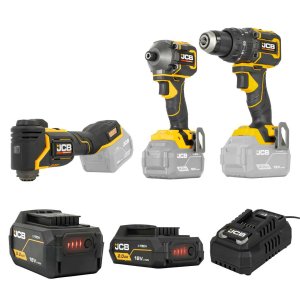 JCB Pro 18V Kit, Combi Drill, Impact Driver, Multi Tool, 2Ah & 5Ah Batteries & Fast Charger