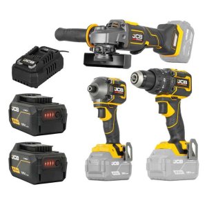 JCB Pro 18V Kit Combi Drill, Impact Driver, Angle Grinder, 2x 5Ah Batteries & Fast Charger